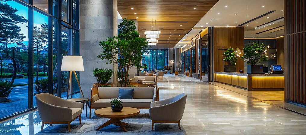 View of hotel lobby from guest viewpoint.